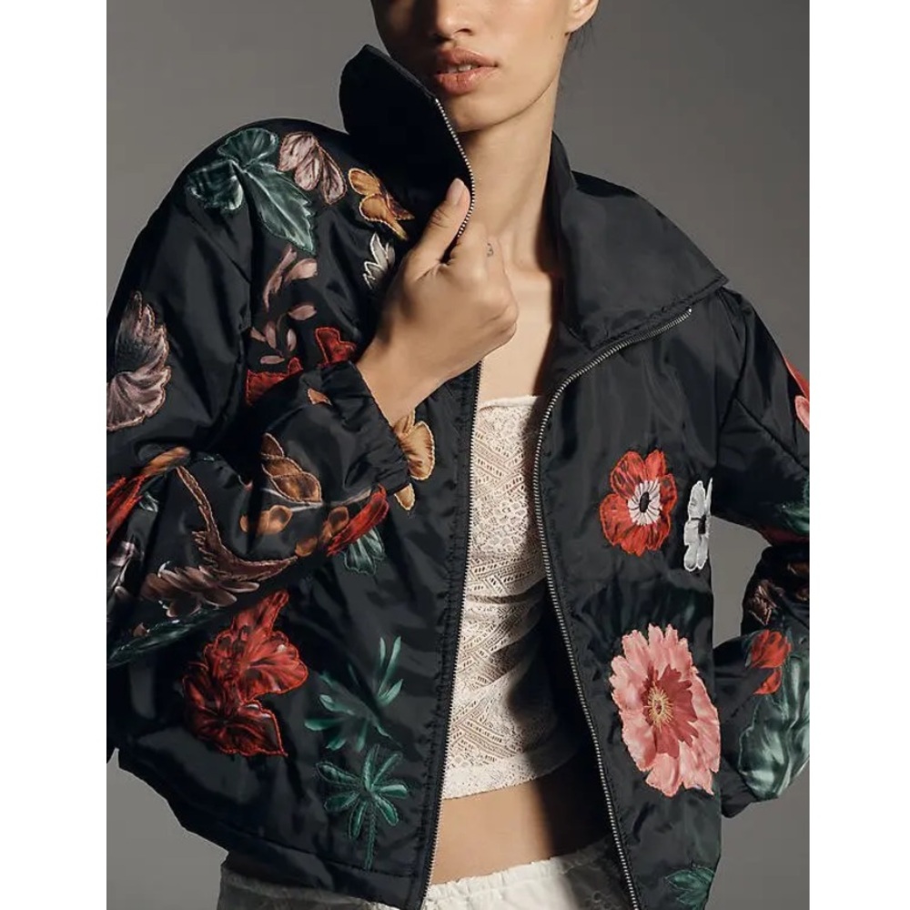 Anthropologie Floral Embroidered Bomber Jacket - Black and Multicolor